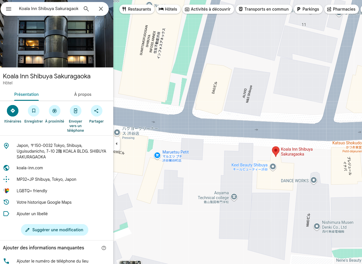 recherche Google Maps de l'hôtel